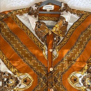 Chasing Unicorns Ornate Baroque Button-Up — Orange, White & Gold